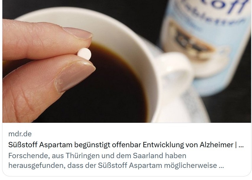 ErnMedBlog's tweet photo. Aktuelles Beispiel für unseriöse Angstmacherei @mdrwissen: Die genannte Studie zeigt KEINEN Zusammenhang zw. #Aspartam &amp; #Alzheimer. Sie zeigt: Sehr hohe Aspartam-Konz. (über Ernährung nie erreichbar!) führen an isolierten Neuroblastom-Zellen (!) zu oxidativem Stress. ... https://t.co/2dBXqVi1lF