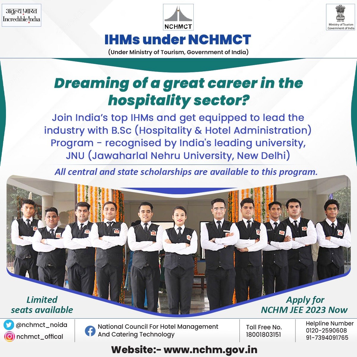 Boost your career with a hospitality degree from Jawaharlal Nehru University by enrolling yourself at IHMs under NCHMCT.

Apply Now: nchm.nic.in

#NCHMJEE #NCHMJEE2023 #IHM #NCHMCT
<a href="/nchm_noida/">National Council for Hotel Mgmt & Catering Tech</a>
