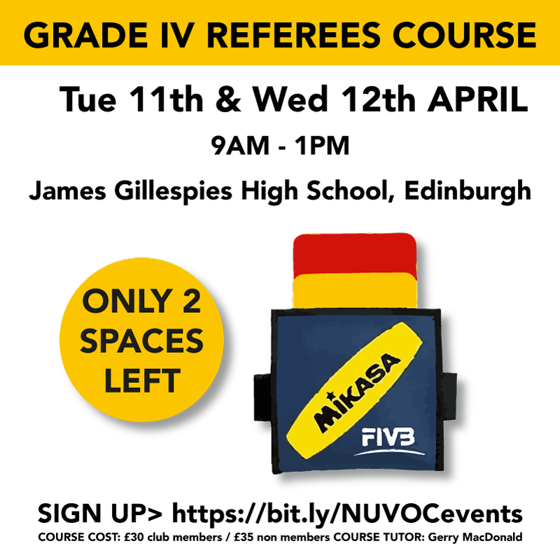 GRADE IV REFEREES COURSE - 11/12 APRIL
Last call. Only 2 spaces left for our Grade IV Referees Course. The course will be delivered over 2 mornings (9am-1pm both days) at James Gillespies High School  COURSE COST: £30 club members / £35 non members  bit.ly/NUVOCevents