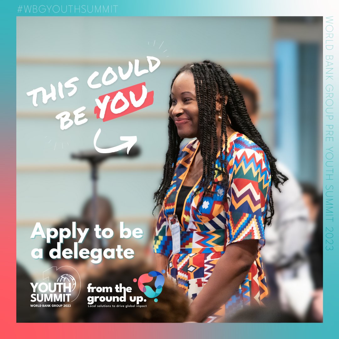 APPLY NOW to be a delegate at the <a href="/WorldBank/">World Bank</a> Youth Summit, happening May 25–26, 2023, in Washington, DC. Join other young changemakers to explore local solutions to address global challenges.
🔗 wbgyouthsummit.wufoo.com/forms/zuwxx7i0…

<a href="/WorldBankKenya/">World Bank Kenya</a> 
#8@8
#Opportunities4Youth