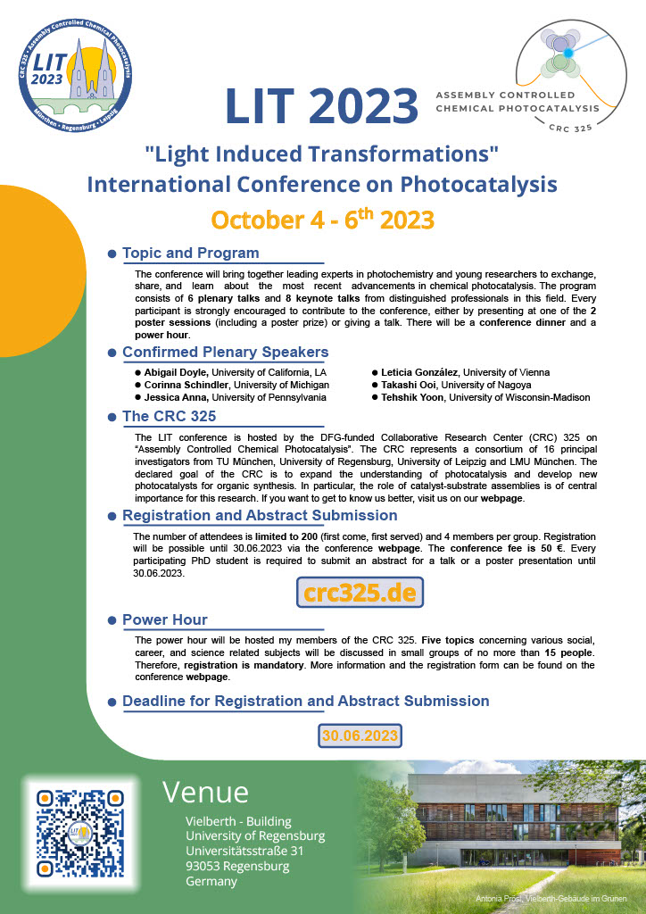 Thinking of light, the first thing coming to your mind is #photochemistry? We got you: the LIT Conference in Regensburg! Experience exciting💡chemistry by frontrunners in the field and share your own! Have a look and register now: crc325.de/news/lit-confe… @crc_325 #chemtwitter