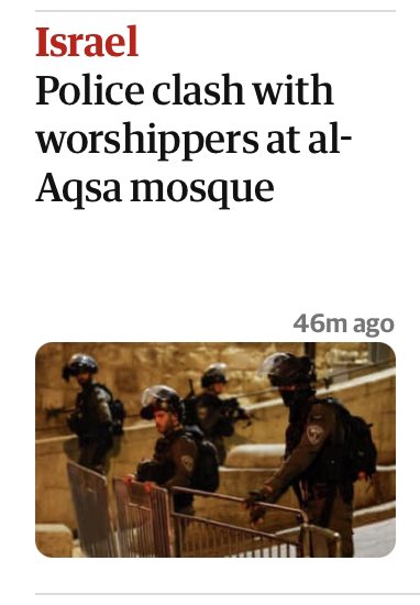 h_lovatt's tweet photo. Come on @guardian, get it right: (a) East Jerusalem is not in Israel according to the UK (and international law). And (b) these were not two sided clashes. Did you not see the videos of Muslim worshippers being beaten up by Israeli police? https://t.co/BVuxb6KIiU