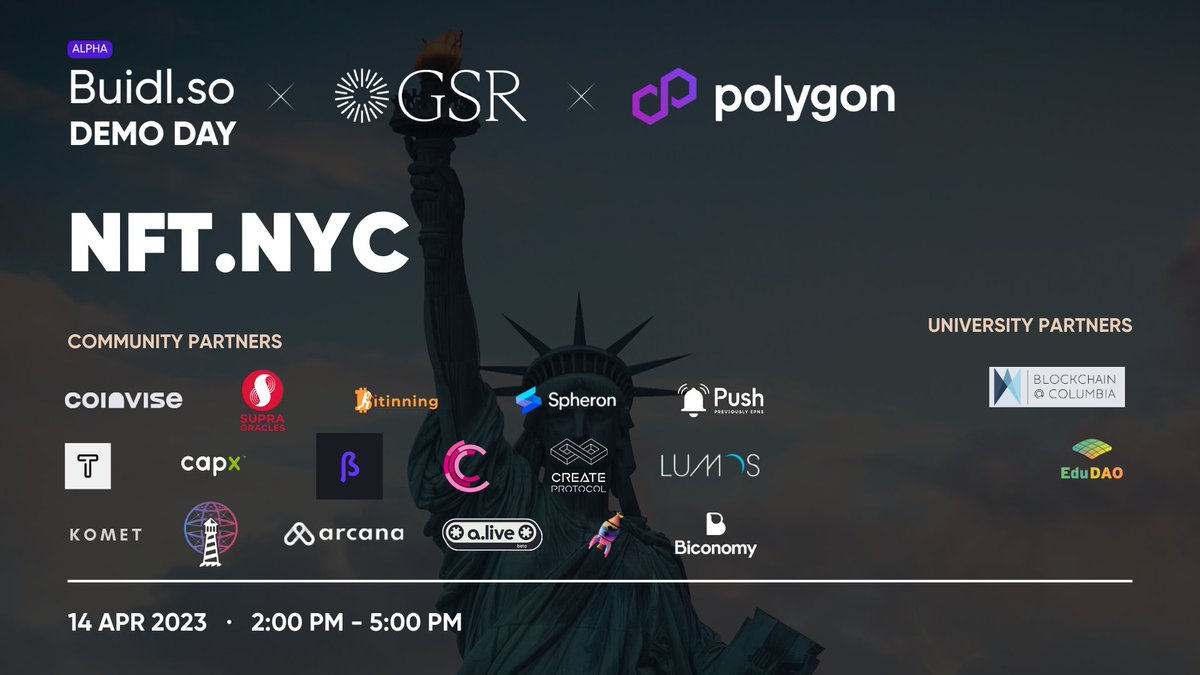 0xRabble's tweet photo. New York buidlers, Buidlso Demo Day at #NFTNYC2023, in partnership with @GSR_io &amp; @0xPolygon

#buidlers 🛠️
investors 💰
ecosystem contributors 🤝

Register (limited capacity venue) 👉🏻 https://t.co/2qrnBYdEjf https://t.co/7AMr8iygHy