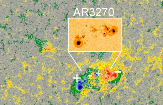 ExploreCosmos_'s tweet image. New sunspot AR3270 has rapidly grown into a behemoth with two primary dark cores larger than Earth and an unstable magnetic field. The sunspot is inset in this magnetic map of the sun's surface from NASA's SDO. 1/