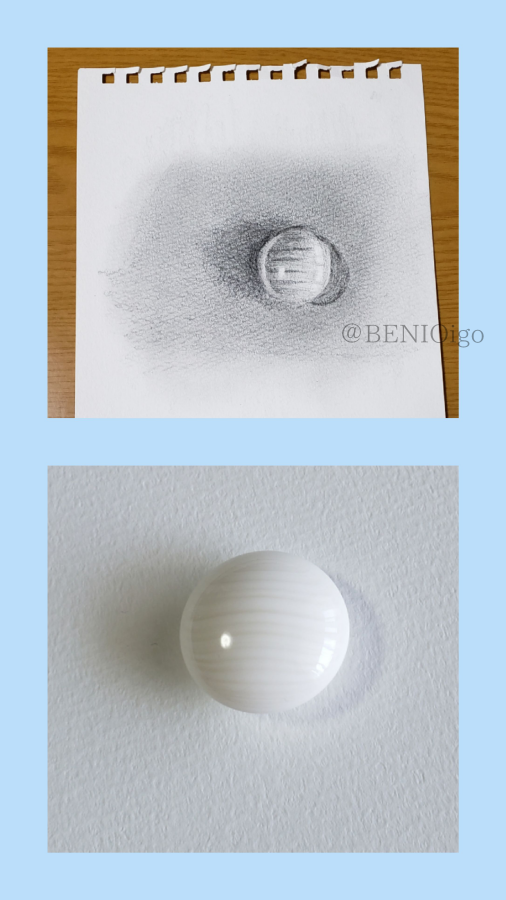 BENIOigo's tweet photo. 囲碁の白石〈鉛筆画〉
鉛筆で碁石を描きました✏️下の写真は自分で撮影したハマグリ碁石です。
#鉛筆画　#囲碁 https://t.co/2tcYssXemq