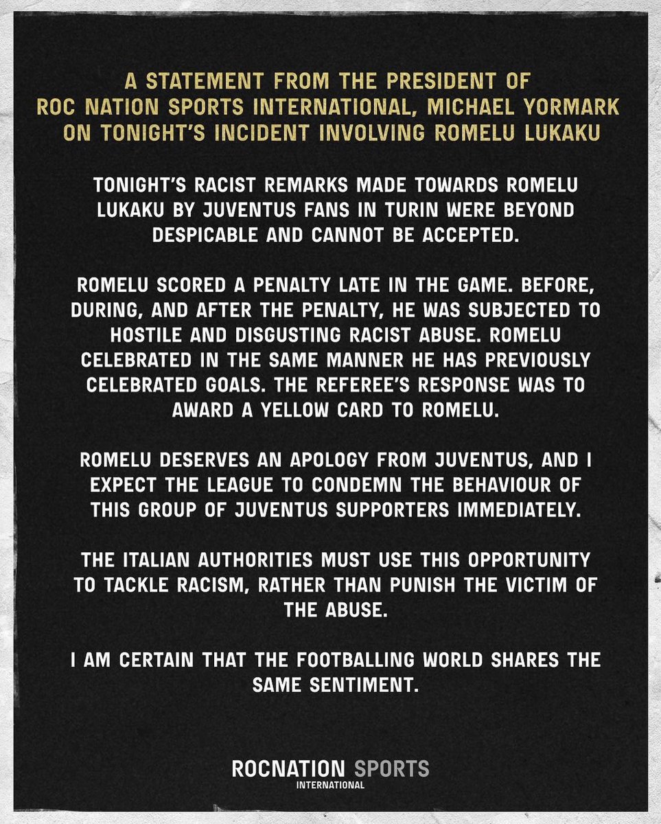 VARmessedUp's tweet photo. -Lukaku Received racists chants before, during and after his goal
- Celebrated his goal with his usual celebration
- Gets a yellow card for "some reason"
Eventually gets a red card
Here’s a statement from Roc Nation, who represents him.

Truth is he gets that red for being black https://t.co/OgxBFJuN23