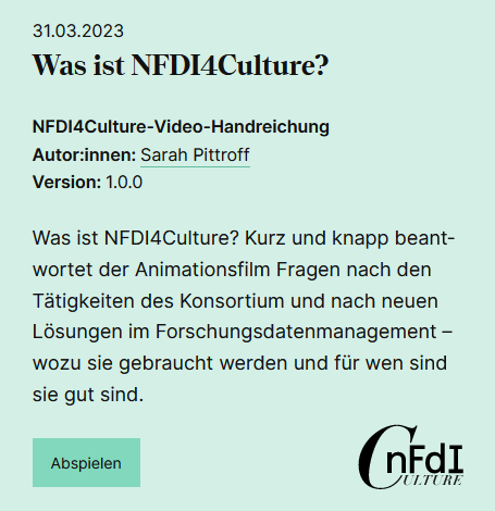 nfdi4culture's tweet photo. Ihr habt vom #4CultureCommunityPlenary erfahren und wollt wissen, was es mit #NFDI4Culture auf sich hat? Dann schaut unser neues Video-Tutorial an 🤩🎥
Zum Video 👉🏻 https://t.co/qQOpcJh9rb
Alle Handreichungen und Tutorials findet ihr hier: https://t.co/L6PBad8rAU
^ff https://t.co/neHsDCNsKU