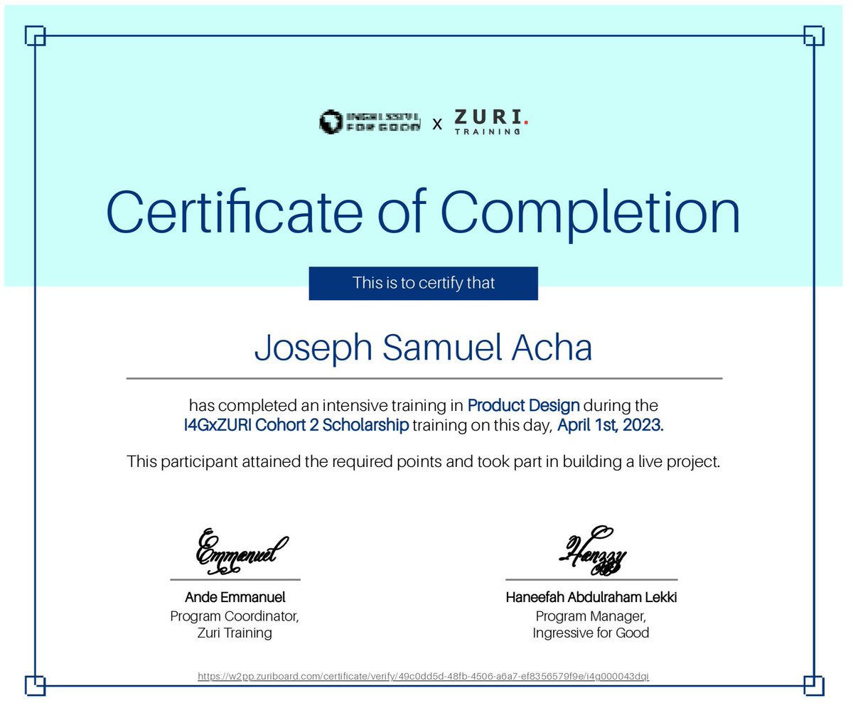 typicallyacha's tweet photo. Finally!!! After months of intensive trainings, office hours, tough tasks, and an eventful Project phase, I am now an I4GxZuri Certified Product Designer π₯³π₯³π₯³
Ready to push on πͺπΎ.
Thank you God π
#Ingressiveforgood #ZuriTraining #I4GxZuri https://t.co/XmfO1Qj0bz