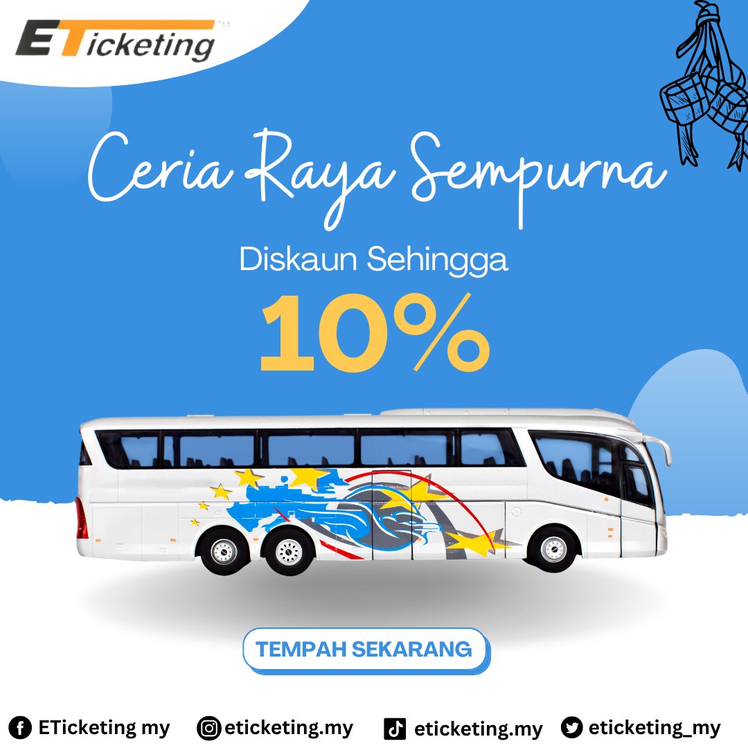 eticketing_my's tweet photo. Ceria Raya Sempurna bersama https://t.co/H5KK9sybrt !! 
Dah beli tiket bas ke belum untuk cuti raya ni ? Kalau belum, jom cepat dapatkan tiket bas sekarang sementara tiket masih ada 😚 Beli awal tak kalut 😉 

Gunakan promo code = ETRAMADAN
Layari https://t.co/2i1h5niNwf sekarang https://t.co/Gf16KcsVAX
