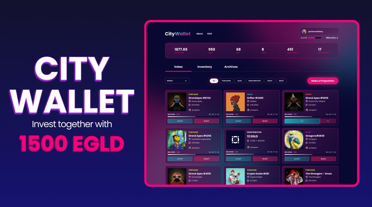 The City Wallet is close to release 📆

NFT stakers will soon be able to use their $ECITY to take part in the greatest investment DAO on <a href="/MultiversX/">Multiversᕽ</a> 🫂🪙

The <a href="/HorizonIabs/">Horizon Labs</a> team is doing an amazing job on enabling this service 👷