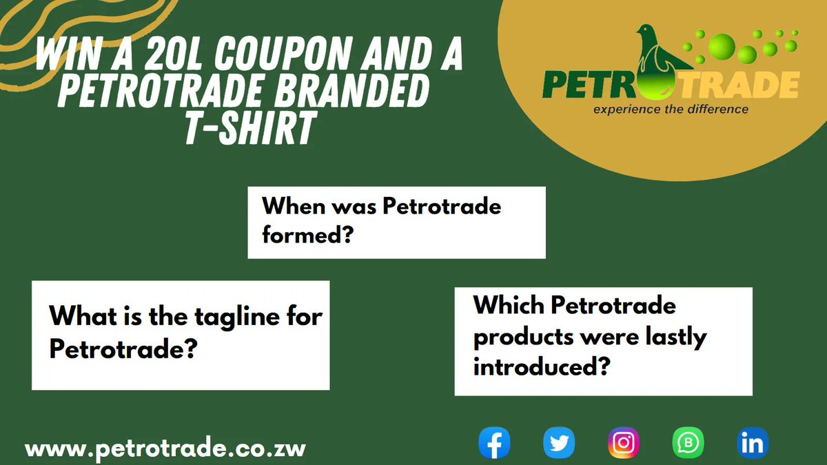 PetrotradeZW's tweet photo. Take part in this Question &amp; Answer session &amp; stand a chance to win a 20 litre petrol coupon &amp; a branded T-shirt.
#petrotrade#experiencethedifference https://t.co/BPw4zWcNZF