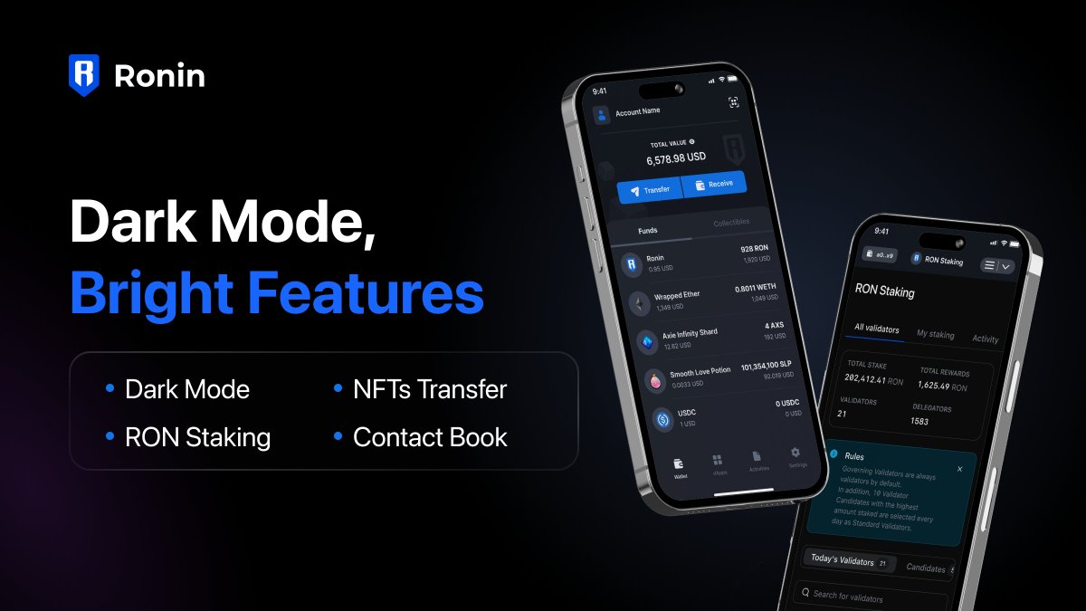 We’re thrilled to reveal a sleek new look for the Ronin wallet📱 • Dark mode • In-app $RON Staking • NFT Transfers and Personal Contact Book Dark Mode, Bright Features. Full announcement 👇 📜 | roninblockchain.substack.com/p/dark-mode-br…