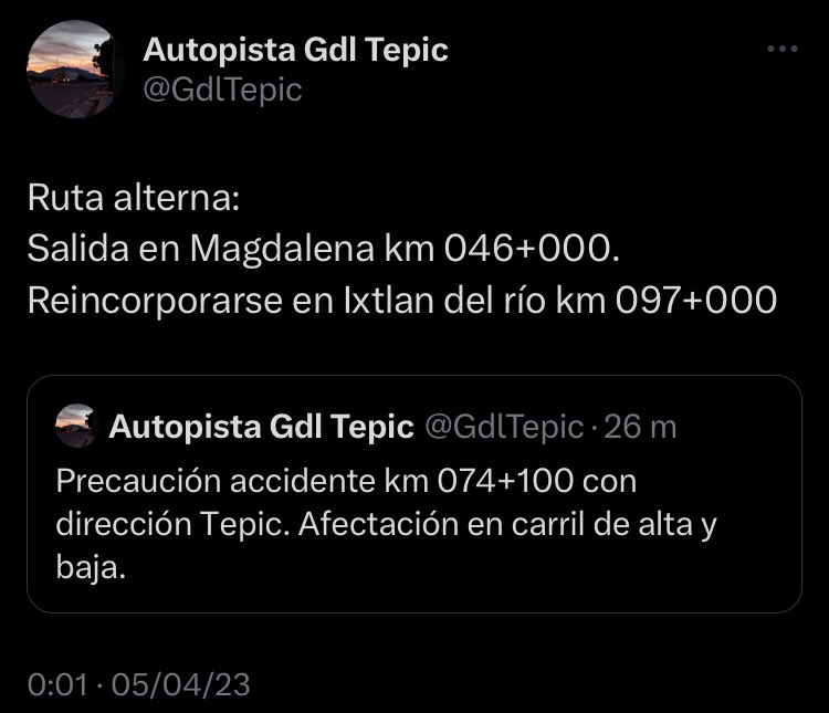 RUN_oficial's tweet photo. ATENCIÓN dirección a #Tepic #Nayarit
ACTUALIZACIÓN 00:01 Hrs. GMT(-7)
Tramo #PlanDeBarrancas con salida en #Magdalena y reingreso en #IxtlanDelRio
Extreme tiempos de traslado, maneje con precaución. https://t.co/TH6Ln9oue5