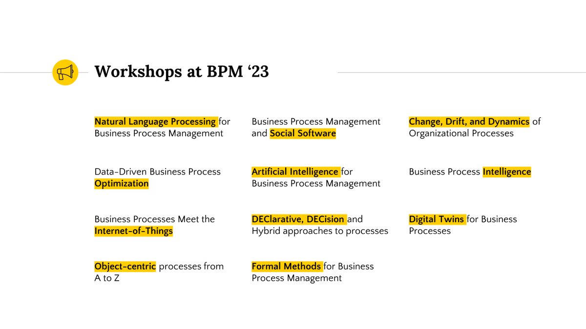 Did you miss the deadline for the #BPM2023 main tracks? Consider submitting to one of the #workshops! 📅 May 30 🔗 bpm2023.sites.uu.nl/workshops/ #NLP #AI #Blockchain #DigitalTwins #IoT @jochendw @luise_pufahl