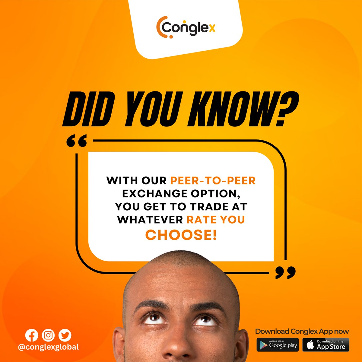 conglexglobal's tweet photo. Our Peer-to-Peer trading option comes with quick matches, eliminates wait periods and allows you take control of the rates you want to trade with. 
Explore that option now. 
Download Conglex App by clicking the link in our bio (https://t.co/3Mkdjf0YF6)
#cryptotrading #conglex https://t.co/ki8b49BQ9n