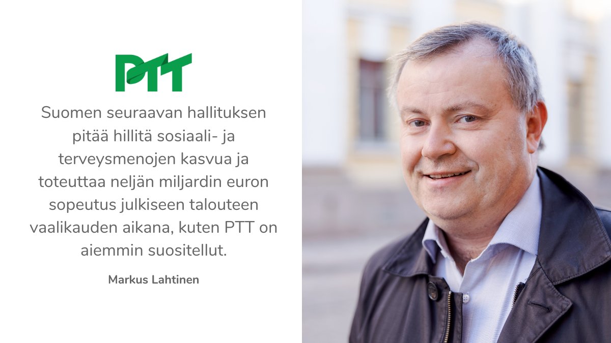 Kevään talousennusteemme on nyt julki:

Seuraava hallitus lähtee liikkeelle hankalasta taloustilanteesta - talous supistuu, alijäämä kasvaa ja työllisyys niiaa. Erityisesti sote-menojen kasvun hillintä olisi välttämätöntä.

Koko #talous ennuste täällä: ptt.fi/ennusteet/talo…