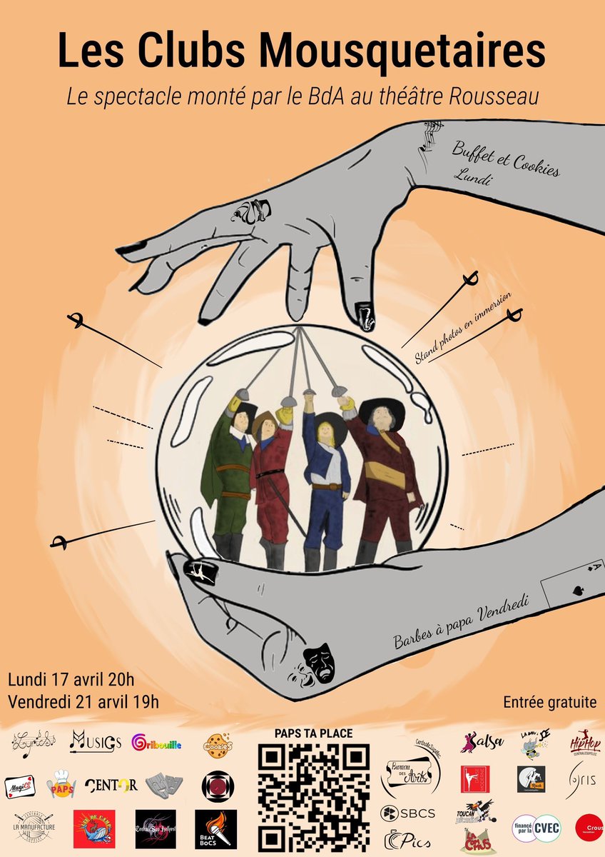 Le BdA est heureux de vous présenter sa 5e édition de l’Odyssée des Clubs : Les Clubs Mousquetaires ⚔️
 
Pas moins de 20 clubs artistiques de <a href="/centralesupelec/">CentraleSupélec</a> se réunissent le temps d’une pièce de théâtre adaptée du célèbre roman d’Alexandre Dumas Les Trois Mousquetaires 🤩