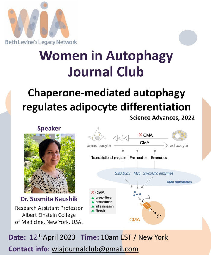 WAutophagy's tweet photo. #JCAlert Our next Journal Club will be held on Wednesday, April 12th at 10am EST. Dr Susmita Kaushik from @AMCuervoLab will present her latest publication titled "Chaperone-mediated autophagy regulates adipocyte differentiation" (Science Advances, Nov 2022). https://t.co/oy1nr69iV3