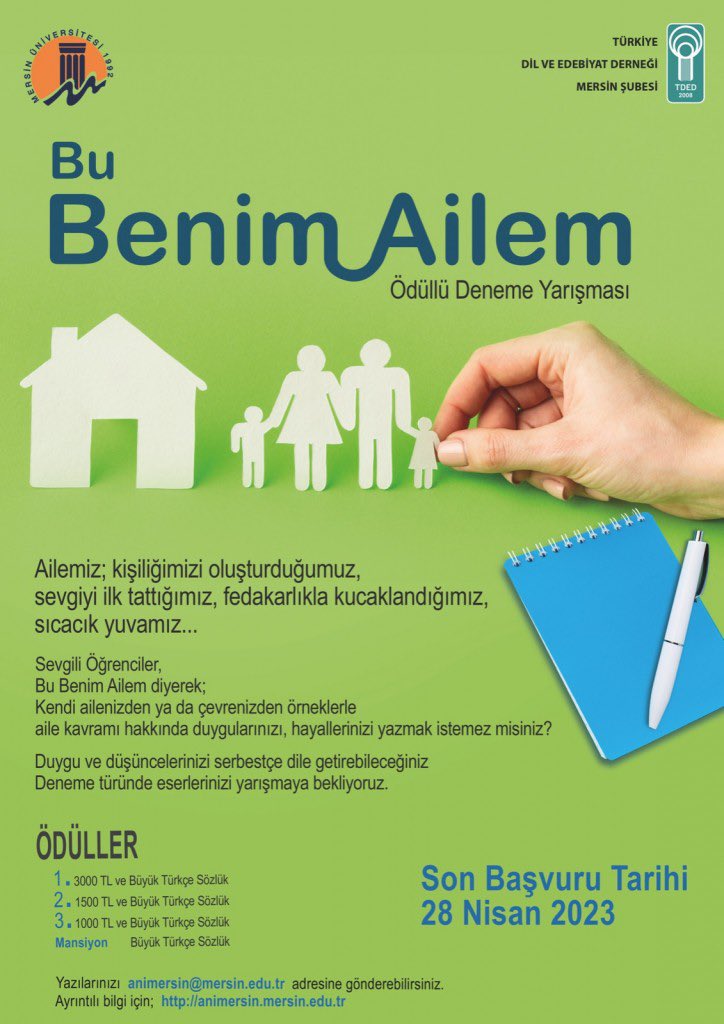Ödüllü Deneme Yarışması: Bu Benim Ailem 📣

🥇3.000₺ ve Büyük Türkçe Sözlük
🥈1.500₺ ve Büyük Türkçe Sözlük
🥉1.000₺ ve Büyük Türkçe Sözlük

🗓 Son Başvuru Tarihi: 28 Nisan 2023

🔗 animersin.mersin.edu.tr/konferans-semp…

#MersinÜniversitesi