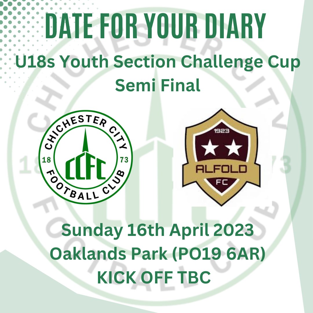 Our U18s finally found out who they will face in the Challenge Cup semi-final. We look forward to welcoming <a href="/Alfold_Fc/">Alfold FC</a> to Oaklands Park on the 16th April. 

Let's pack the park and get behind the lads as they look to make it to the final.

#UpTheChi 🟢⚪️
