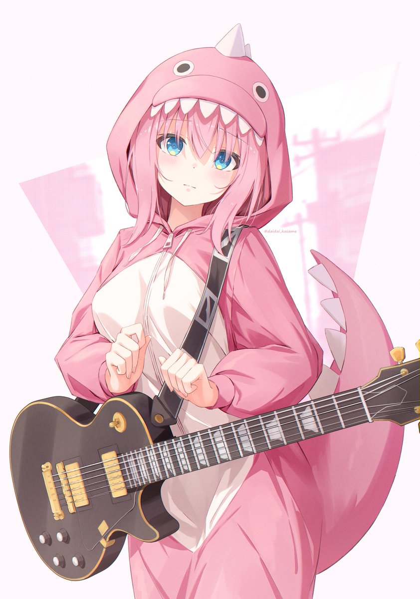 gotou hitori 1girl guitar solo pink hair electric guitar blue eyes instrument  illustration images