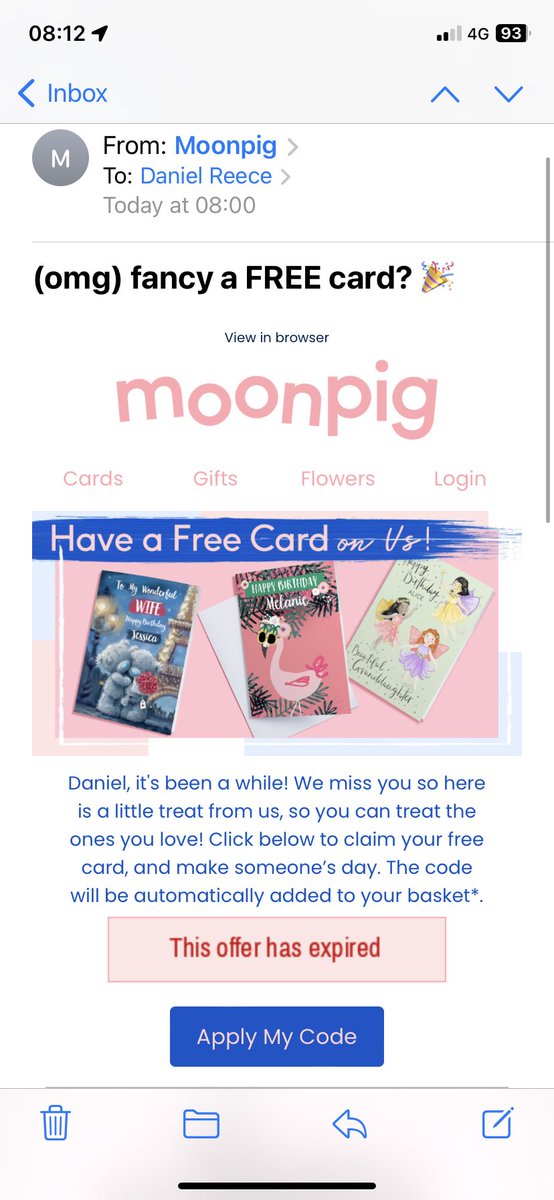 Bit pointless this <a href="/MoonpigUK/">Moonpig</a>. 13 minute shelf life