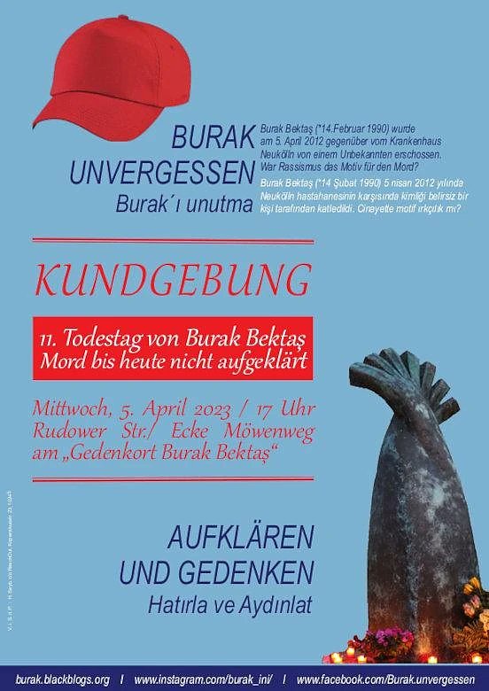 #KeinVergessen Heute vor 11 Jahren wurde Burak Bektaş am 5. April 2012 in #Berlin-#Neukölln ermordet. Bis heute kämpft seine Familie um Aufklärung - auch im Untersuchungsausschuss zum #NeuköllnKomplex. Bis heute ist der Täter straffrei. 1/3