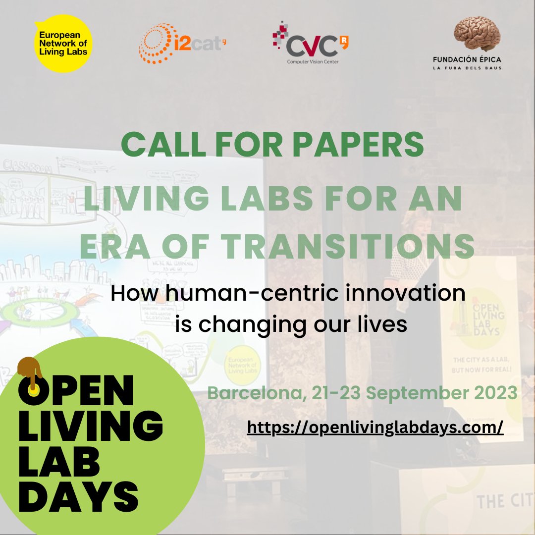 Call for Papers at the #OpenLivingLab Days open! Share your insights on the theme: LIVING LABS FOR AN ERA OF TRANSITIONS: How human-centric innovation is changing our lives. 

Submit a paper or proposals for an innovation presentation at the #OLLD23 👇 
bit.ly/3Z2b812