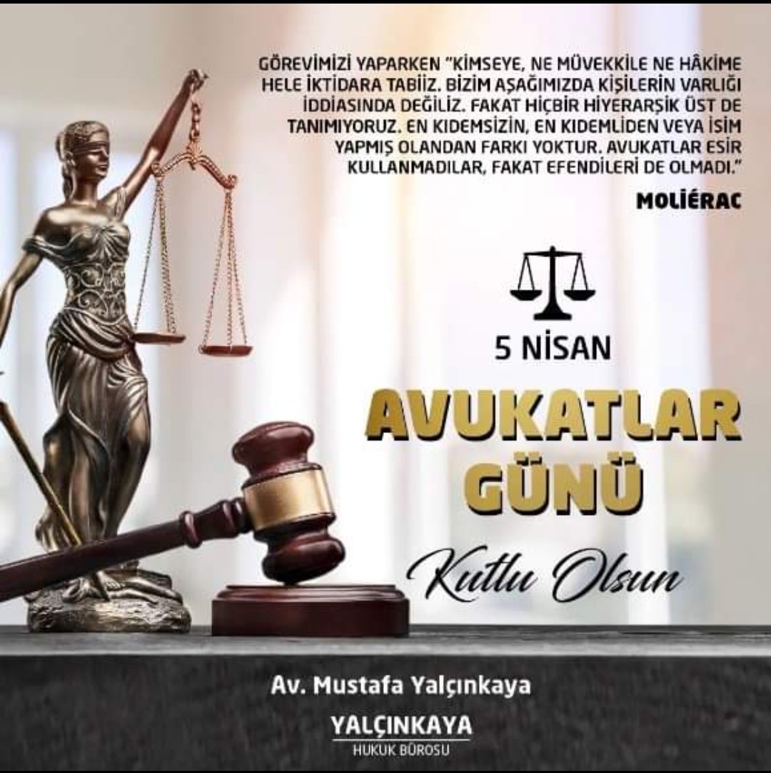 ''En kıdemsizin en kıdemliden veya isim yapmış olandan farkı yoktur. Avukatlar tarih boyunca köle kullanmadılar ama hiçbir zaman efendileri de olmadı!'' 

Molierac 

#5Nisan #AvukatlarGünü