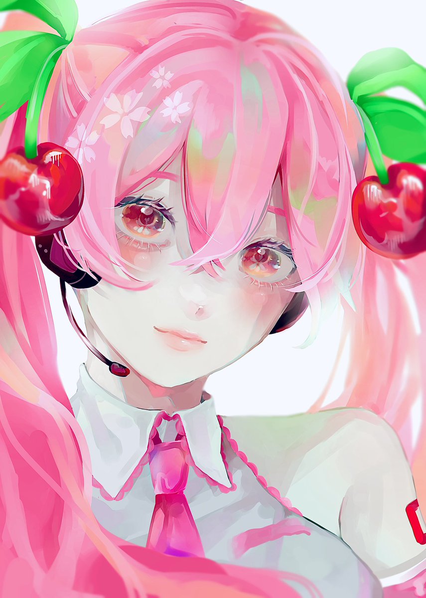 hatsune miku ,sakura miku 1girl solo twintails pink hair necktie cherry hair ornament food-themed hair ornament  illustration images