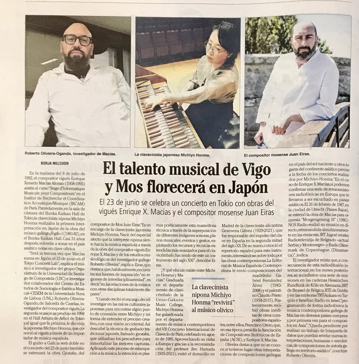 Faro de Vigo de hoxe😉
.
#robertoliveira #planetaoliveira #salcedadecaselas #grupoorganistrum  #cesem #enriquemacias  #juaneiras #michiyohonma #musicagalega #musicacontemporaneagalega <a href="/gruporganistrum/">Grupo Organistrum</a> <a href="/UniversidadeUSC/">USC</a> <a href="/facultadeXH/">Facultade de Xeografía e Historia</a>