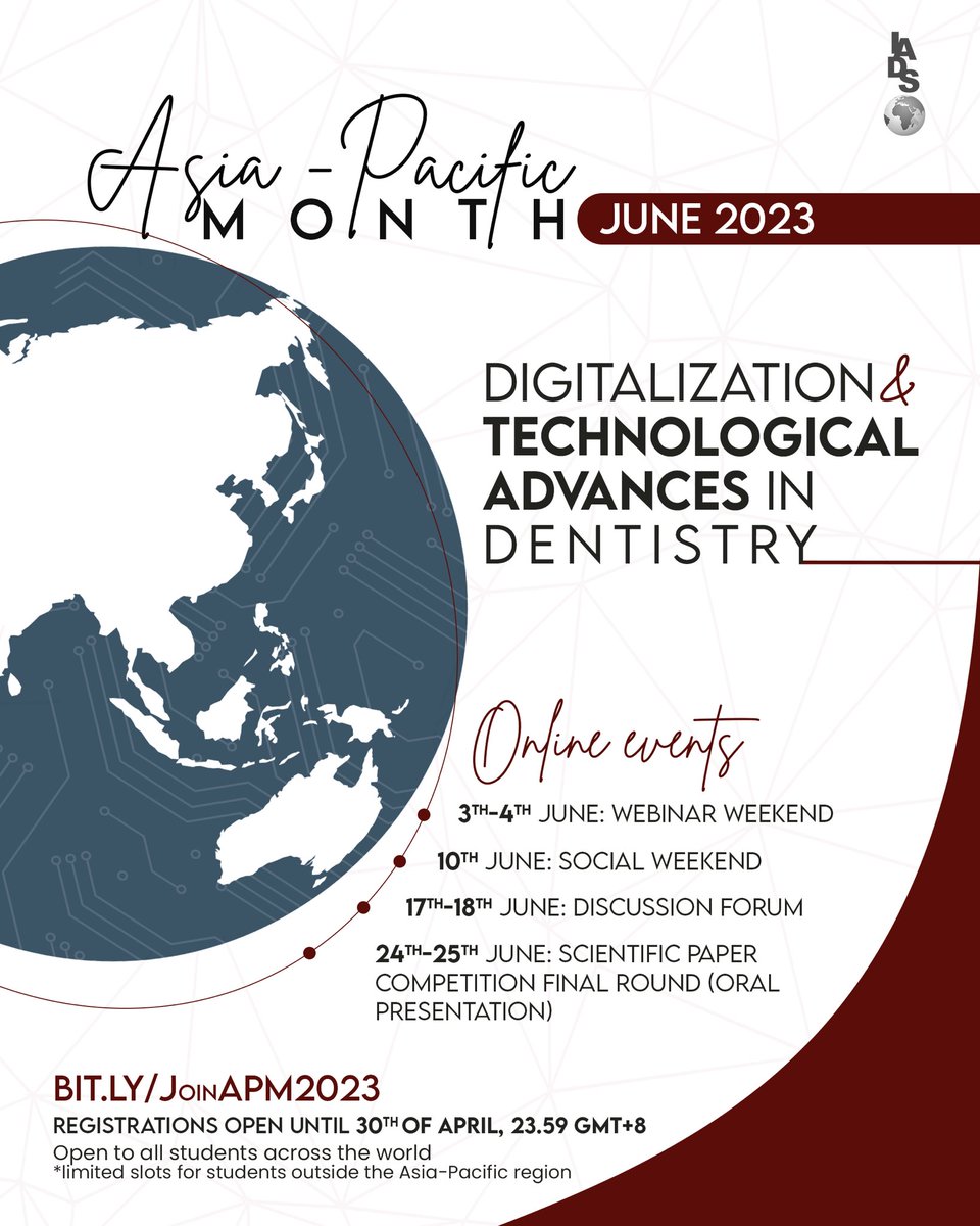 Dental students across the globe, you are welcome to participate in the Asia-Pacific month events! We are celebrating digitalization and technological advances in dentistry with a great variety of events! We are waiting for you! bit.ly/JoinAPM2023