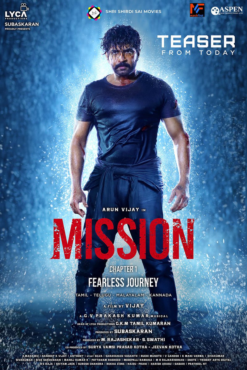 First poster of #Mission: Chapter 1. Directed by AL Vijay and starring #ArunVijay, #AmyJackson, #NimishaSajayan and #BharatBopana with music by #GVPrakashKumar. Releasing in Tamil, Telugu, Malayalam and Kannada. Teaser will be out today.