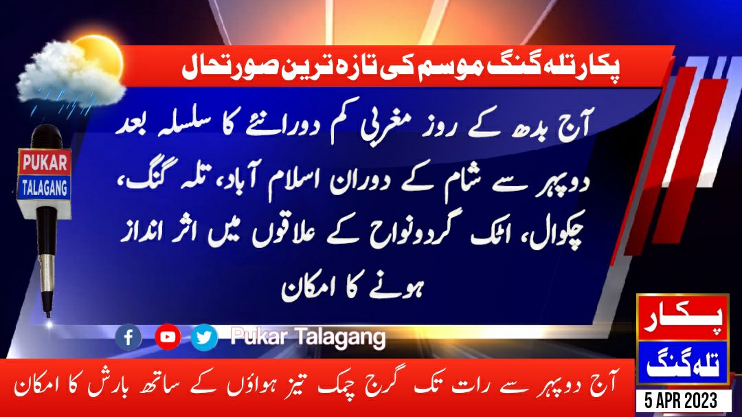 PukarTalagang's tweet photo. پکار تلہ گنگ موسم! آج بدھ کے روز بعد دوپہر سے شام کے دوران مغربی کم دورانئے کا سلسلہ اسلام آباد، تلہ گنگ، اٹک، چکوال، کلر کہار، لاوہ سمیت گردونواح کے چند علاقوں پر اثر انداز ہونے کا امکان، آج دوپہر سے رات کے دوران گرج چمک، تیز ہواؤں کے ساتھ بارش کا امکان
#pukartalagang #rain https://t.co/AiKUNkhrR0