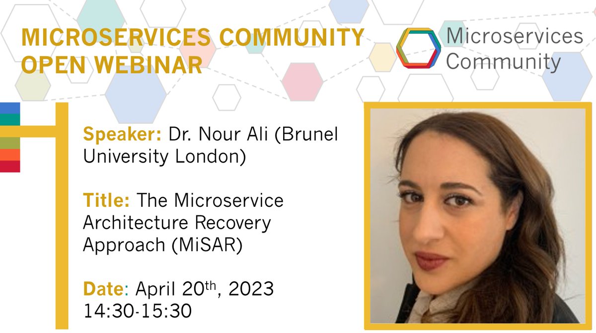 Microservices Community (@c_microservices) on Twitter photo On Apr. 20th, 2023 at 14.30 CET <a href="/DrNourAliSE/">Nour Ali</a> from <a href="/Bruneluni/">Brunel University of London</a> will give a webinar at the MC Research Group on "The Microservice Architecture Recovery Approach (MiSAR)".
After the webinar,  there will be a 30-min MC Meet&Greet session 🤝.
Teams link: buff.ly/3MgOTRY On Apr. 20th, 2023 at 14.30 CET <a href="/DrNourAliSE/">Nour Ali</a> from <a href="/Bruneluni/">Brunel University of London</a> will give a webinar at the MC Research Group on "The Microservice Architecture Recovery Approach (MiSAR)".
After the webinar,  there will be a 30-min MC Meet&Greet session 🤝.
Teams link: buff.ly/3MgOTRY