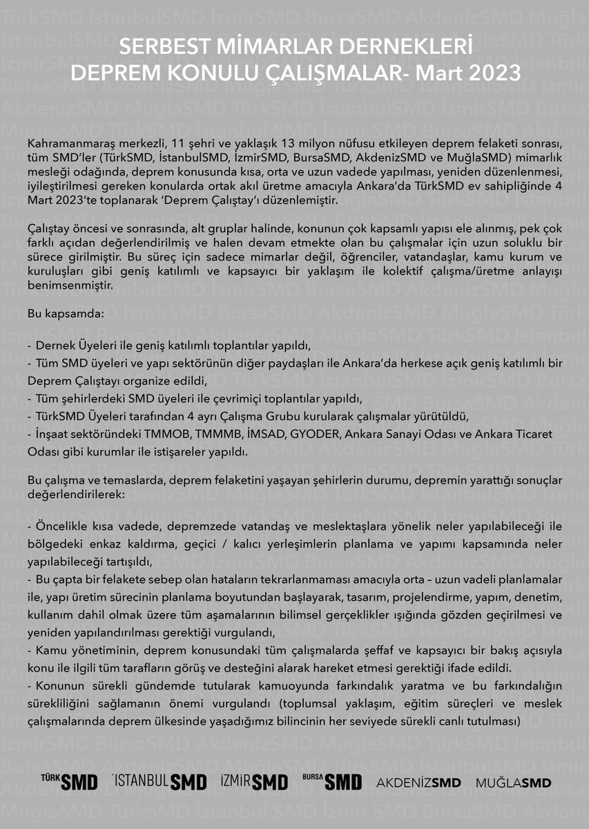 BursaSMD's tweet photo. Kahramanmaraş merkezli, 11 şehri ve yaklaşık 13 milyon nüfusu etkileyen deprem felaketi sonrası, tüm SMD’ler toplanarak ‘Deprem Çalıştay’ı düzenledi. Çalıştay sonrası sunulan yol haritasını paylaşıyoruz. Bu bağlamda çalışmalarımız sürecek olup, sizlerle paylaşmaya devam edeceğiz. https://t.co/pUGXPYxPO7