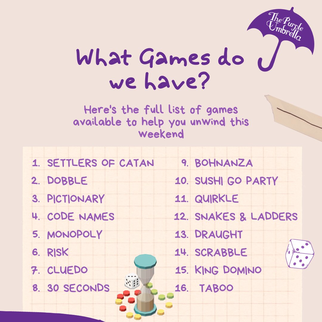 prpl_umbrella's tweet photo. Let's roll the dice! 🎲 our  Braai and Board Games event at The Purple Umbrella has everything from classic to new games for you to enjoy this Saturday.#boardgames #weekendfun #thepurpleumbrella
Time:12PM -6PM
Food and Drinks Available for sale
RSVP LINK: https://t.co/4SRjblayqi https://t.co/XO5oCWdfVm