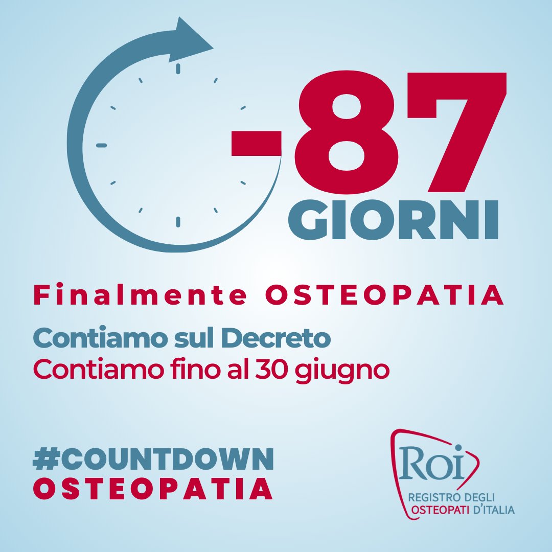 - 87 giorni #COUNTDOWNOSTEOPATIA  
Contiamo sul Decreto.  Contiamo fino al 30 giugno per dire insieme "Finalmente OSTEOPATIA".
<a href="/mur_gov_/">Ministero dell'Università e della Ricerca</a>
<a href="/BerniniAM/">Anna Maria Bernini 🇮🇹</a>
<a href="/MinisteroSalute/">Ministero della Salute</a>
<a href="/marcellogemmato/">Marcello Gemmato 🇮🇹</a>

#osteopatia #osteopati #osteopatiaprofessionesanitaria