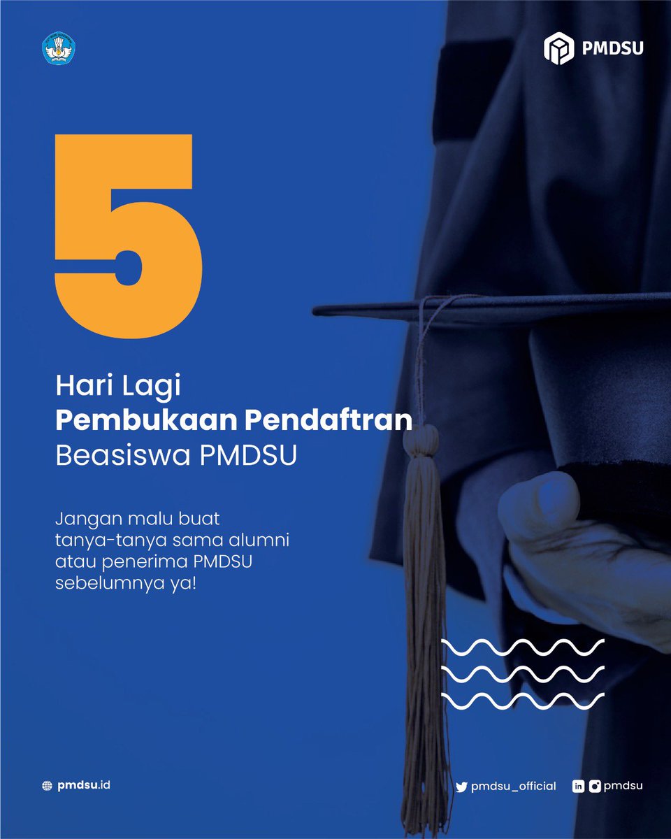 Halo #DoktorMuda!

5 hari lagi menjelang pembukaan pendaftaran program beasiswa PMDSU batch VII tahun 2023!

Mari bersiap menjadi doktor muda yang mengharumkan nama Bangsa Indonesia! 🔥

#PMDSU #PKPI #Kemdikbud #FastTrack #ManagemenTalenta #PrioritasNasional #DitjenDikti