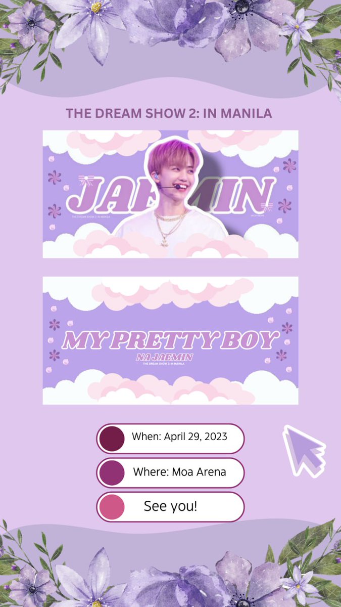 miluvity_cart's tweet photo. :¨·.·¨: 
  `·. The Dream Show 2: In Manila 
      ˚ ༘♡ ⋆｡˚ Fan Support Ga ˚｡⋆ ༘♡ 
         ˗ˏˋ For Na Jaemin  Pt. 2 🪻 ´ˎ˗  

↪ When: April 29, 2023 [Sat]
↪ Where: Moa Arena

— open for trades
— must be following me. 
— Like &amp; rt. 
— show proofs on d-day.

See you there! https://t.co/7XWp26YciJ