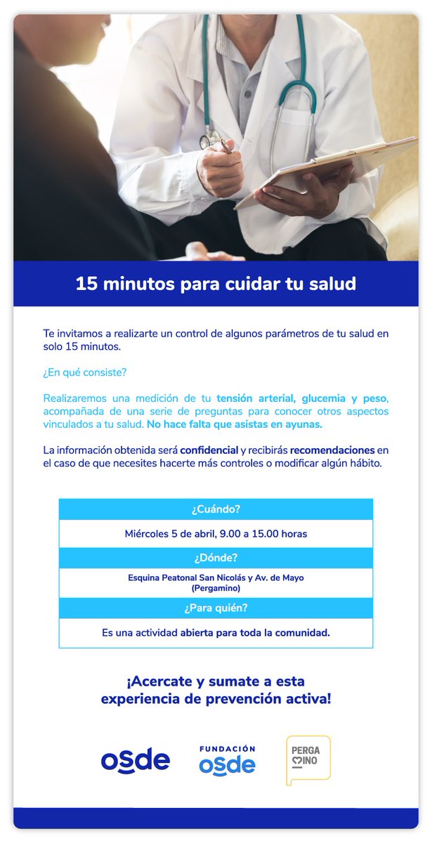 🗓️✳️HOY!!  de 9 a 15 hs en San Nicolás y Av. de Mayo; Pergamino.

15 minutos para cuidar tu salud, una experiencia de prevención activa.  

Sumate a esta iniciativa de @fundacionosde