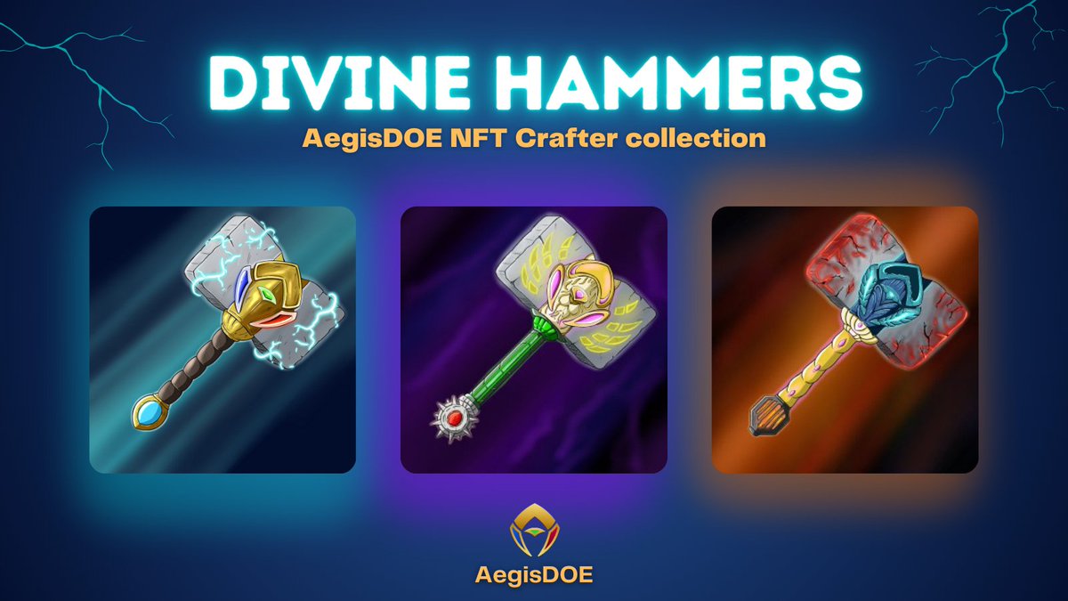 Good morning #crofam !

We are pleasured to share a sneakpeak of 3 nfts from our first collection, the Divine Hammers! 🔨⚡️

Minting date is not yet defined but in the meantime join our telegram to learn about us: t.me/aegisdoe

#nft #nftart #nfts #CronosNFT #NFTsales