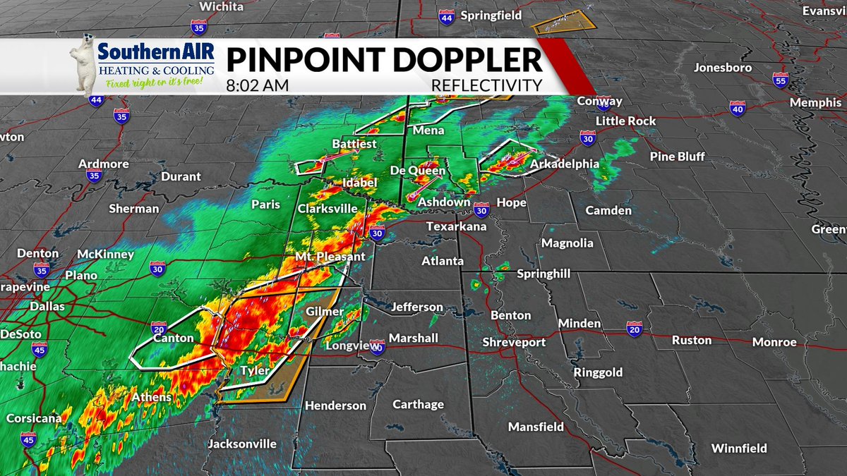 JoshMarciszNBC6's tweet photo. 8 a.m. radar update: Strong thunderstorms are moving across the northern ArkLaTex where a Tornado Watch is in effect until noon. Damaging wind and hail will be possible as well. Forecast: https://t.co/sNxWB1jBfK https://t.co/rTDjlCP6wc