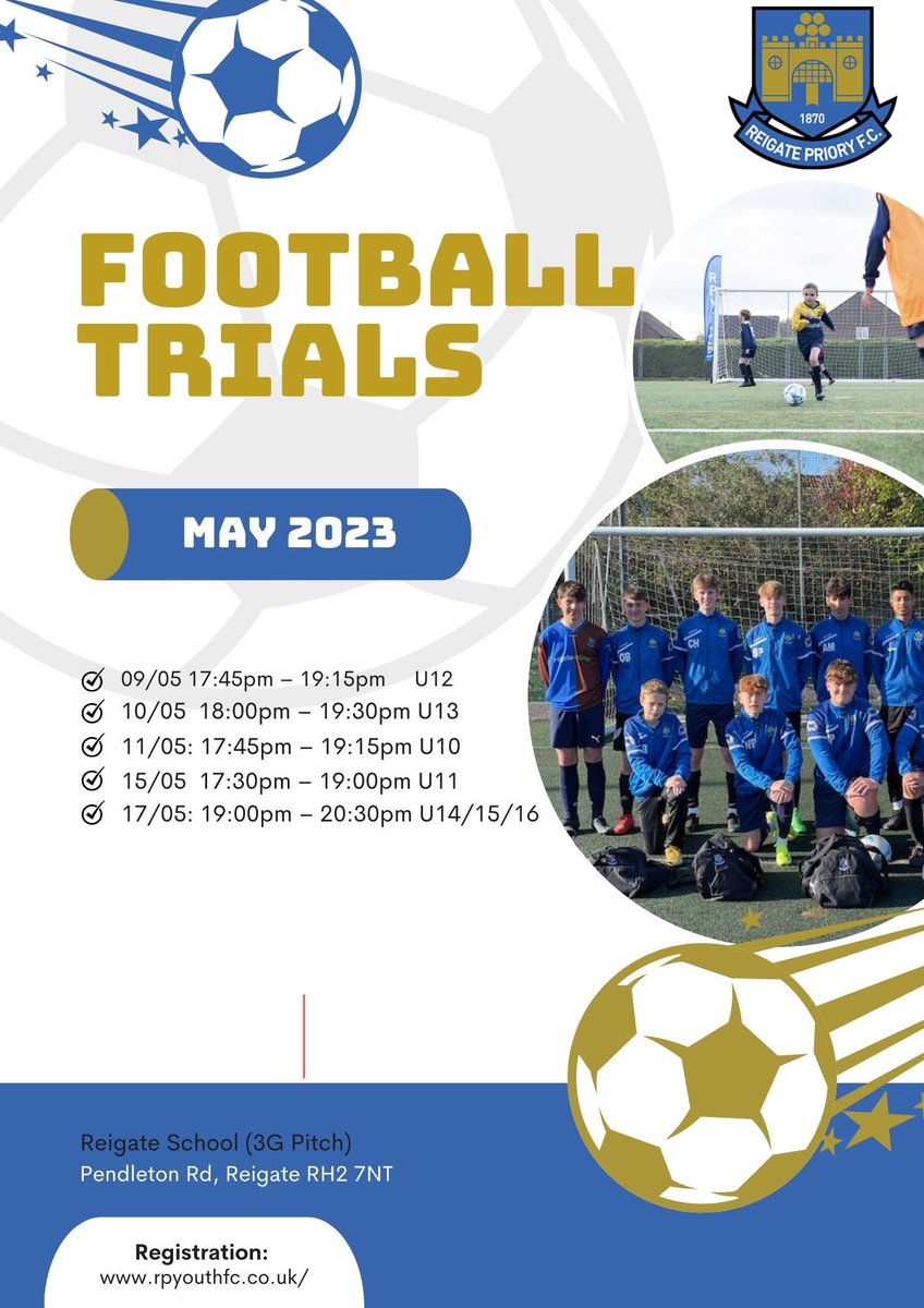 Football trials <a href="/rpyouthfc/">Reigate Priory Youth FC</a> ⚽️⚽️⚽️ <a href="/yourtownreigate/">Your Town Reigate</a> #reigate #surrey #redhill #grassrootsfootball #football <a href="/GenerateRedhill/">Generation Redhill</a> <a href="/ReigatePrioryFC/">Reigate Priory FC</a> ⚽️⚽️⚽️