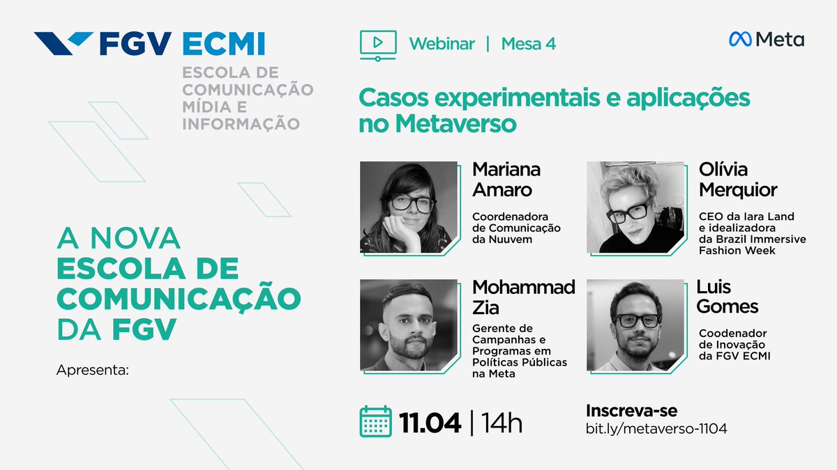 Na próxima terça-feira, dia 11, vamos discutir aplicações reais no Metaverso, às 14h. 👀Vamos receber os feras no assunto: @oliviamerquior, da <a href="/br_ifw/">BRIFW - Brazil Immersive Fashion Week</a>, 
<a href="/Mari_Amaro/">Mari Amaro</a>, da <a href="/nuuvem/">Nuuvem.com</a>, Mohammad Zia, da <a href="/Meta/">Meta</a>. 
➡️ Inscreva-se e participe! bit.ly/metaverso-1104