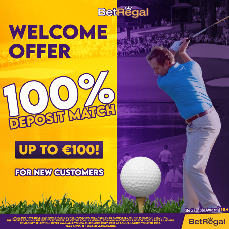 BetRegalIE's tweet photo. The Masters Tournament is here, and so is BetRegal's new customer offer - a 100% deposit match up to €100!⛳️ 

Join now and start betting on your favorite golfers.⬇️

18+ | T&amp;Cs apply | Bet Responsibly