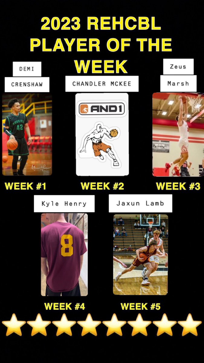 2023 REHCBL Week 5 results: Player of the Week #5 - <a href="/jaxun_lamb/">jaxun lamb</a>! Set the weekly points high in game one w/ 30 points, 12 rebounds, 3 assists, and 1 block. Congrats to Team Lamb, And1, Flight School, Hickory Huskers, and Private Jet Jumpers! Game of the week: And1 vs Ligma #REHCBL