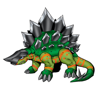 Digibot_exe's tweet photo. Stegomon 
 (Stegosaurus) 
 Stegosaur 
 Attacks: 
 Shell Needle Rain 
 Guillotine Wheel https://t.co/7DwFSkppPK