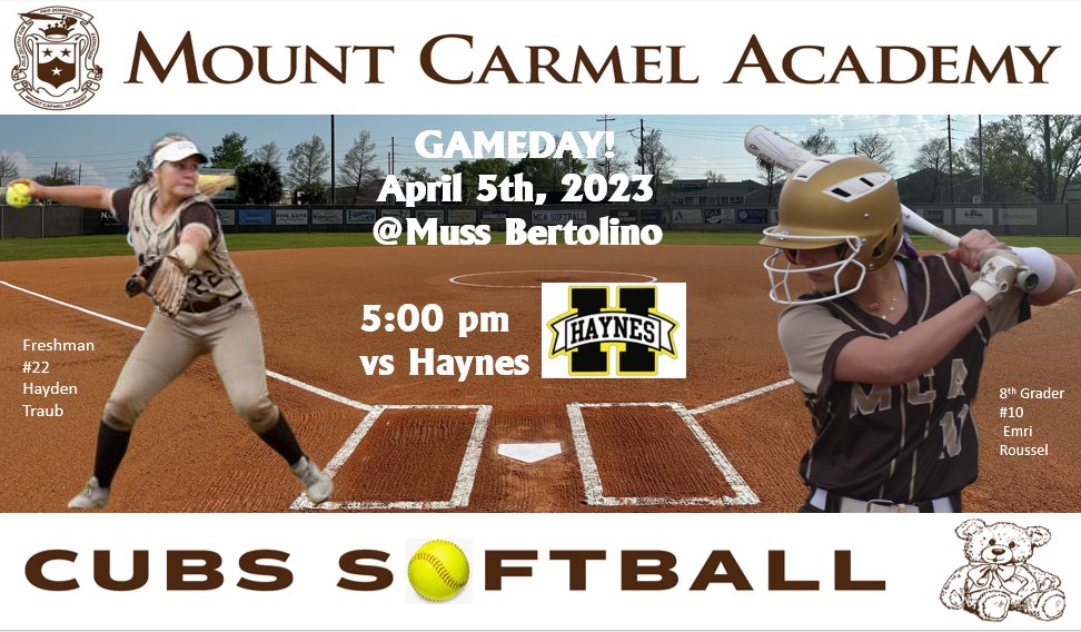 🥎GAME DAY🥎 
🆚: Haynes Academy 
📅: Wednesday April 5th, 2023 
🕔: 5:00 P.M. 
🏟️: Muss Bertolino in Kenner