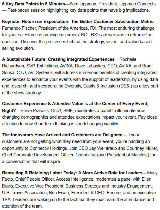 11 event industry execs are lined up to share their insights at #ECEF2023. These 6 presentations will punctuate the networking that will be top-to-top &amp; nonstop.  ECEF will be on May 31 at the Grand Hyatt in Washington DC.  Learn more and register at lnkd.in/dmgTTSF.